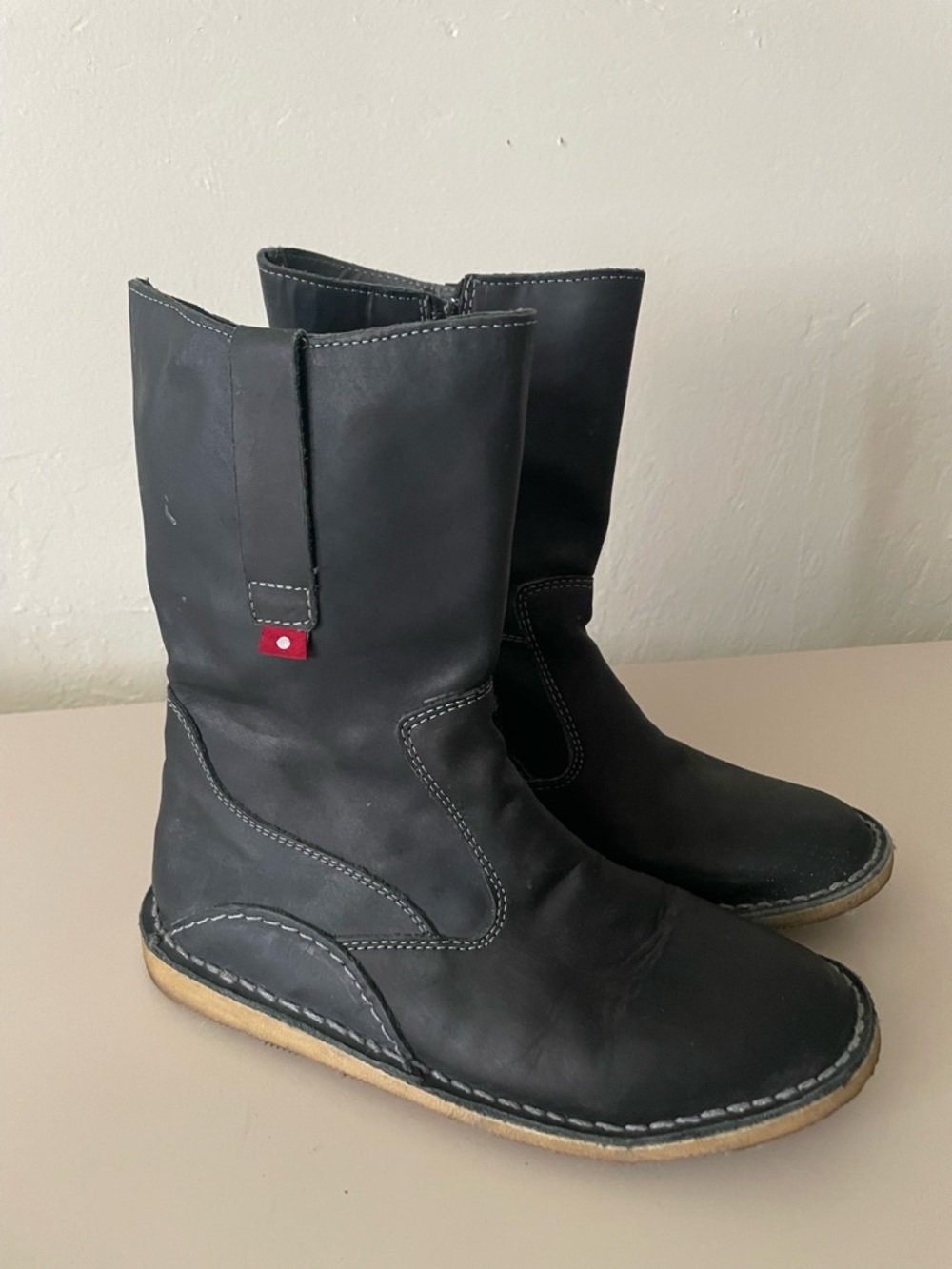 Black Leather Mid-Calf Pull-On Boots